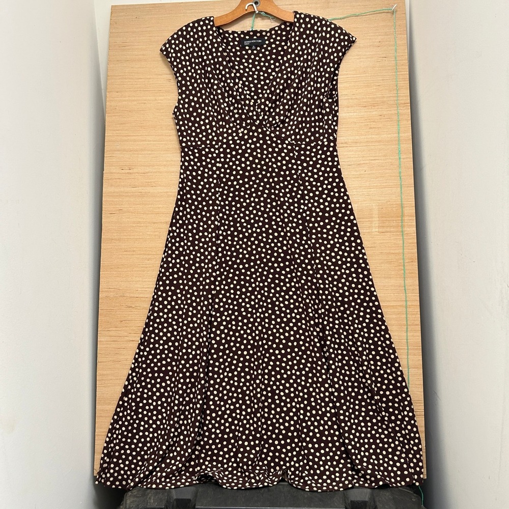 Jones New York Brown Polka Dot Cap Sleeve V-Neck Midi A-Line Dress Size 12